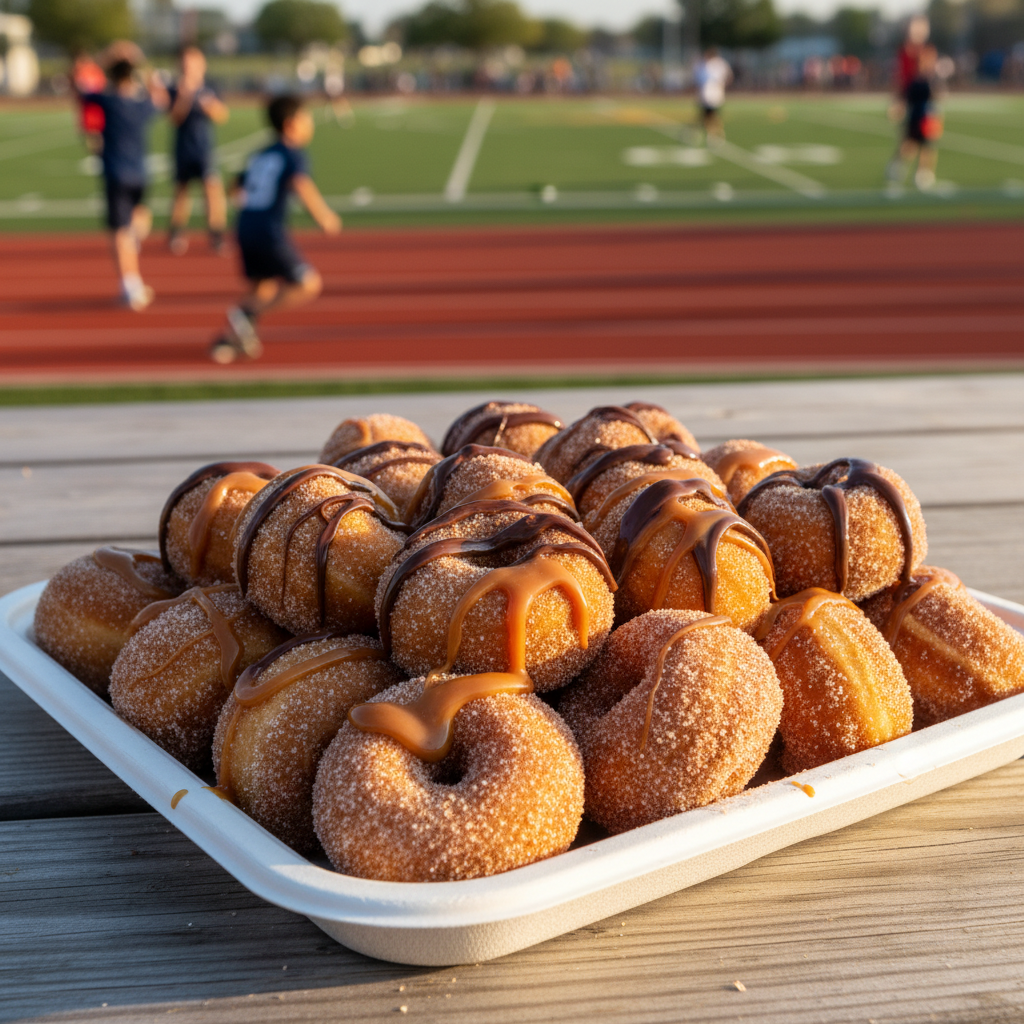 Fresh cinnamon sugar mini donuts served at an outdoor school sports day