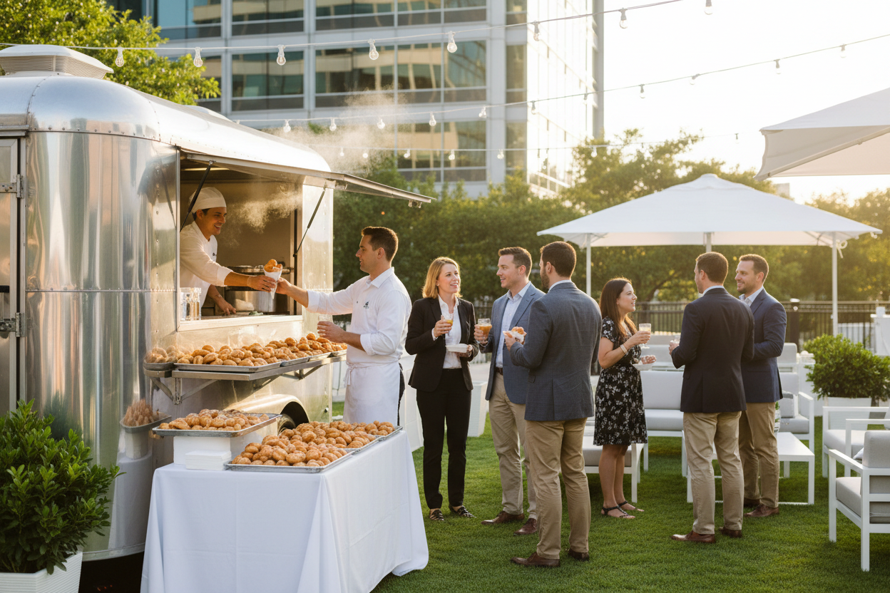 Mini donut food trailer serving guests at a corporate outdoor event