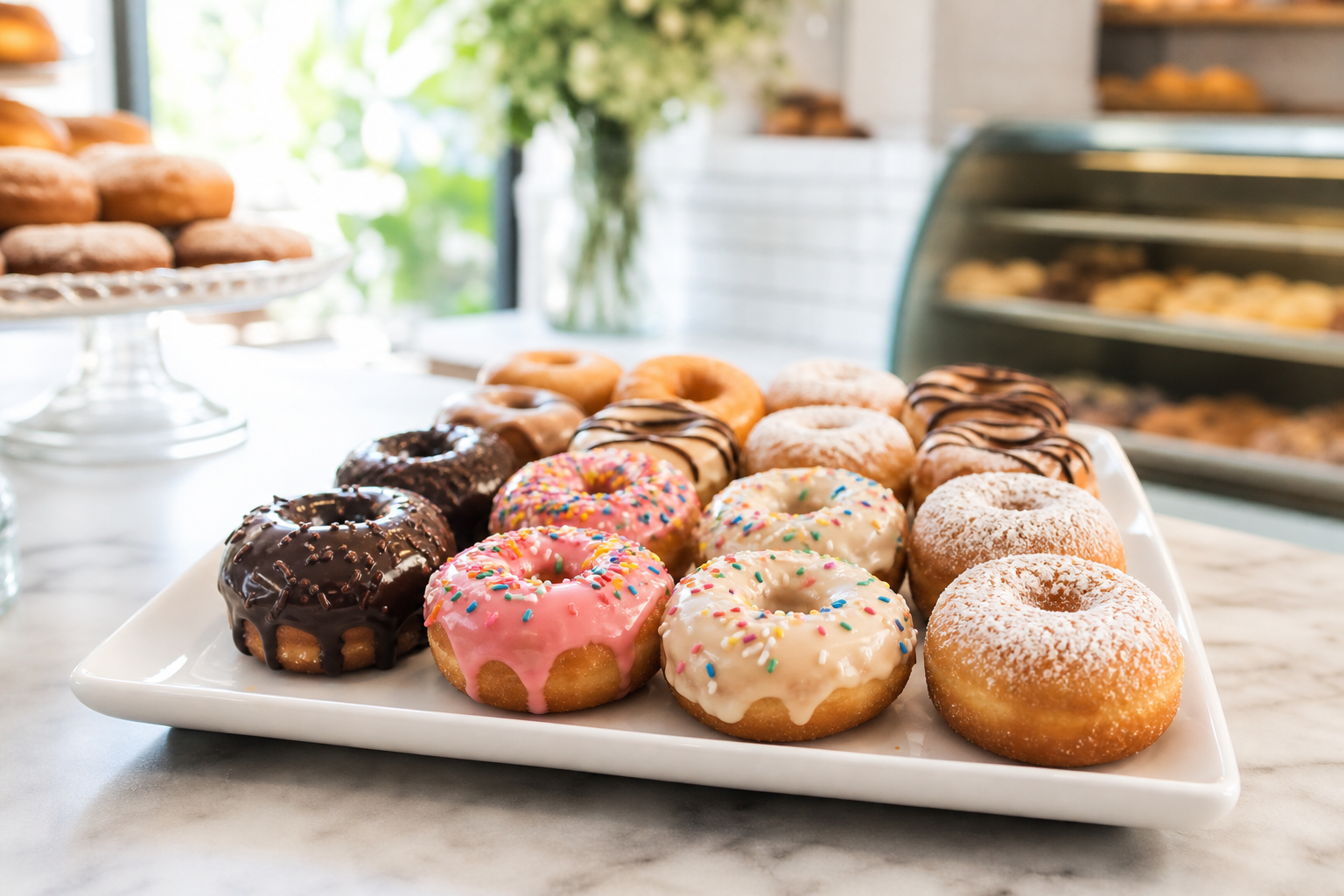 Assorted glazed and sprinkled mini donuts arranged on a bakery platter