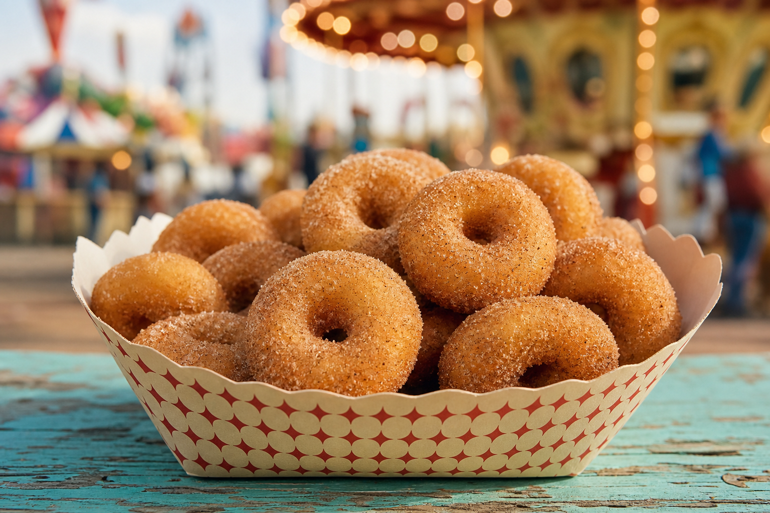 Freshly fried mini donuts dusted with cinnamon sugar in a vintage fairground tray