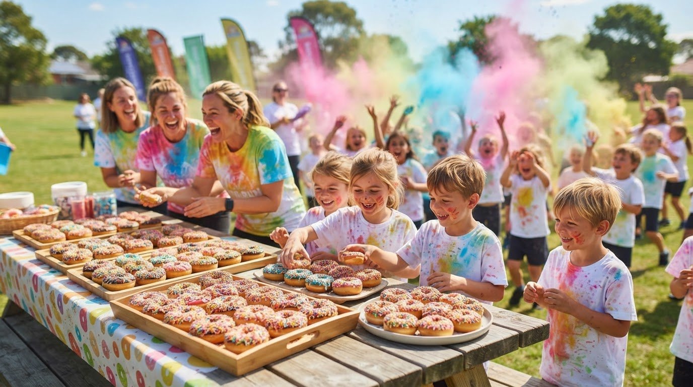 Mini donuts with colourful sprinkles at a school colour run fundraiser